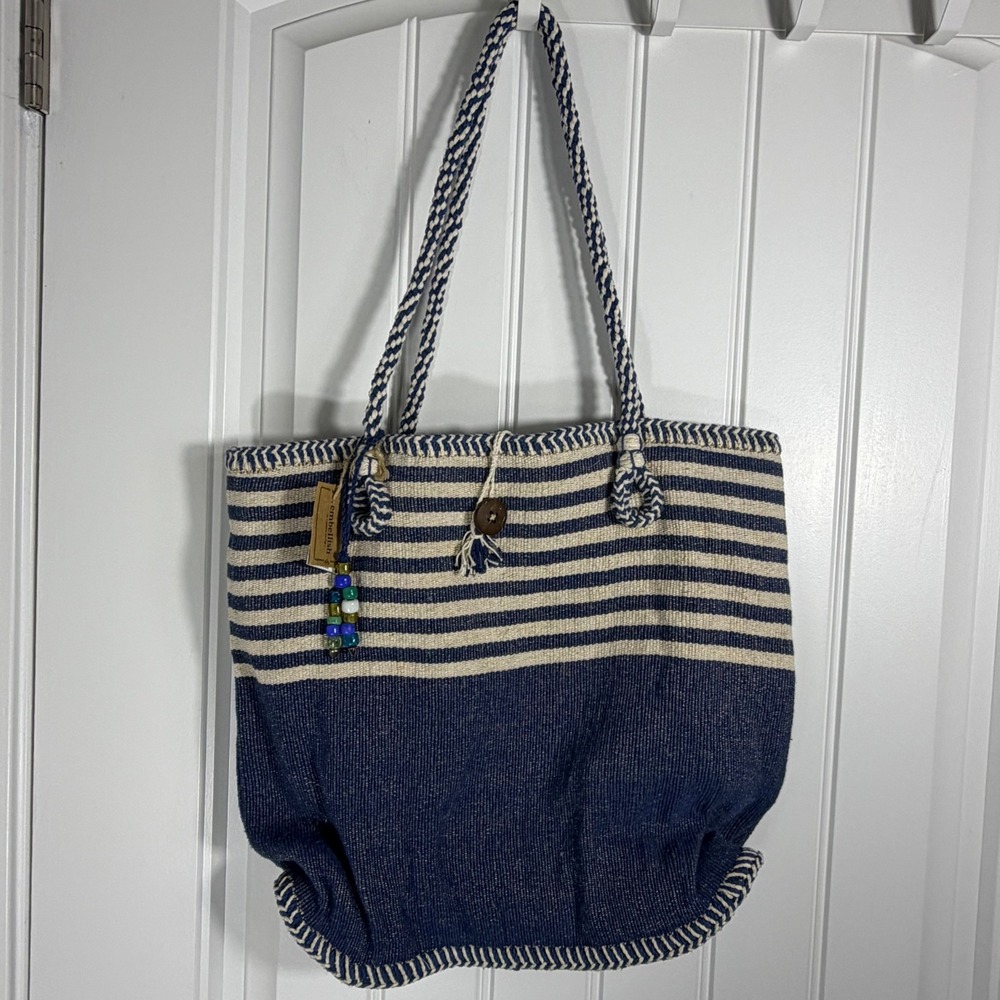 Creative Co-Op Embellish Blue White Striped Jute Cotton Woven Tote Bag